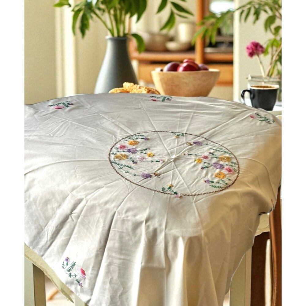 Hand Embroidered Round Tablecloth Floral 58.5” D. Pale Pink/Beige Taupe Hem VTG